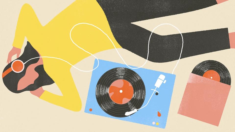 Illustration of woman laying on ground listening to LP vinyl records on record player through headphones