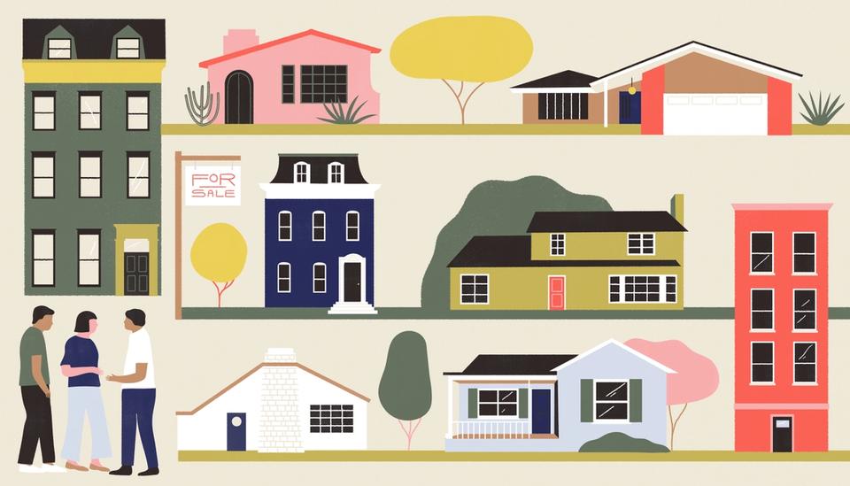 Illustration of different styles of houses and apartment buildings, people deciding which to buy. 