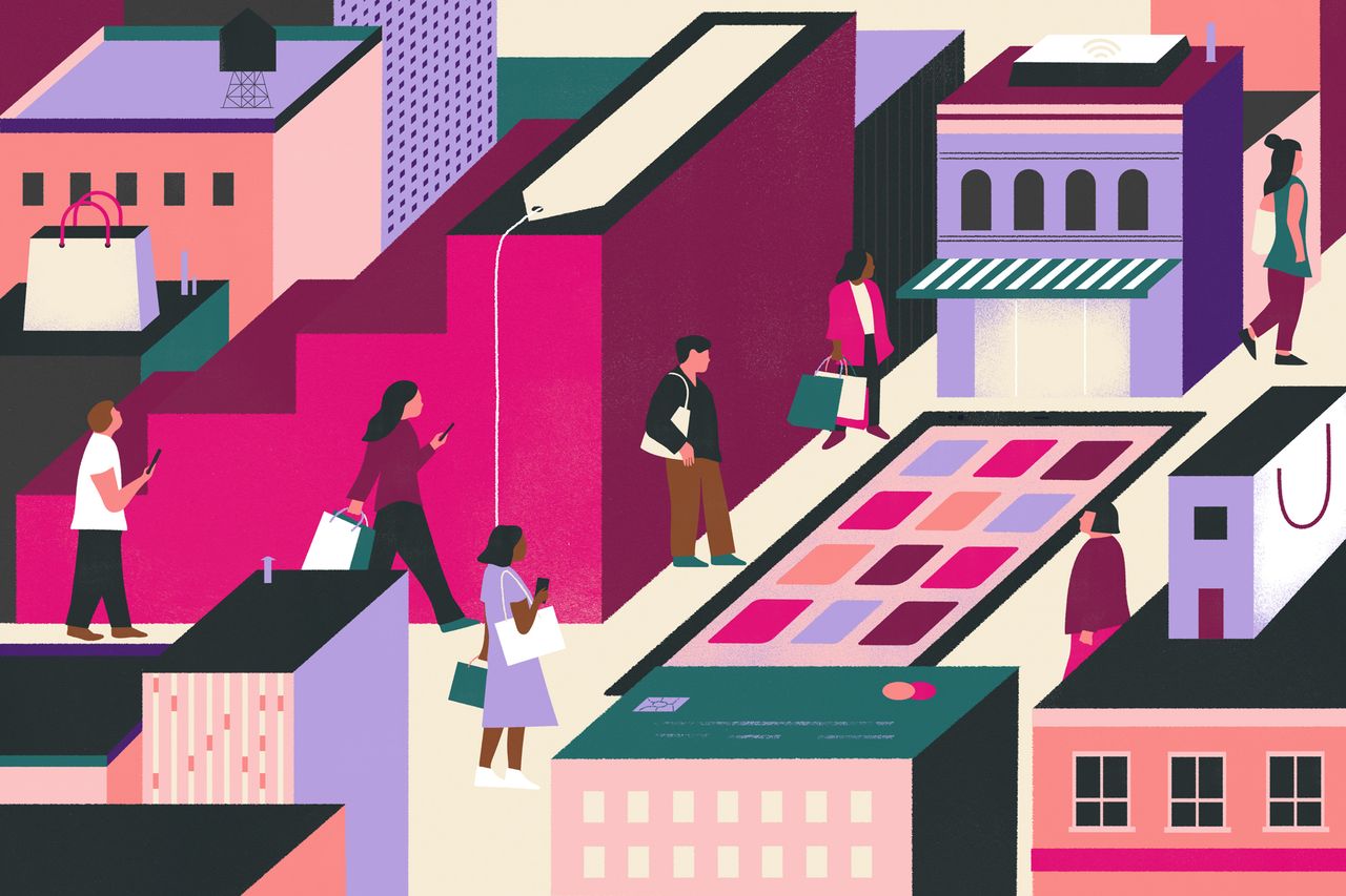 Illustration for T-Mobile of city with people using cell phones and shopping. 
