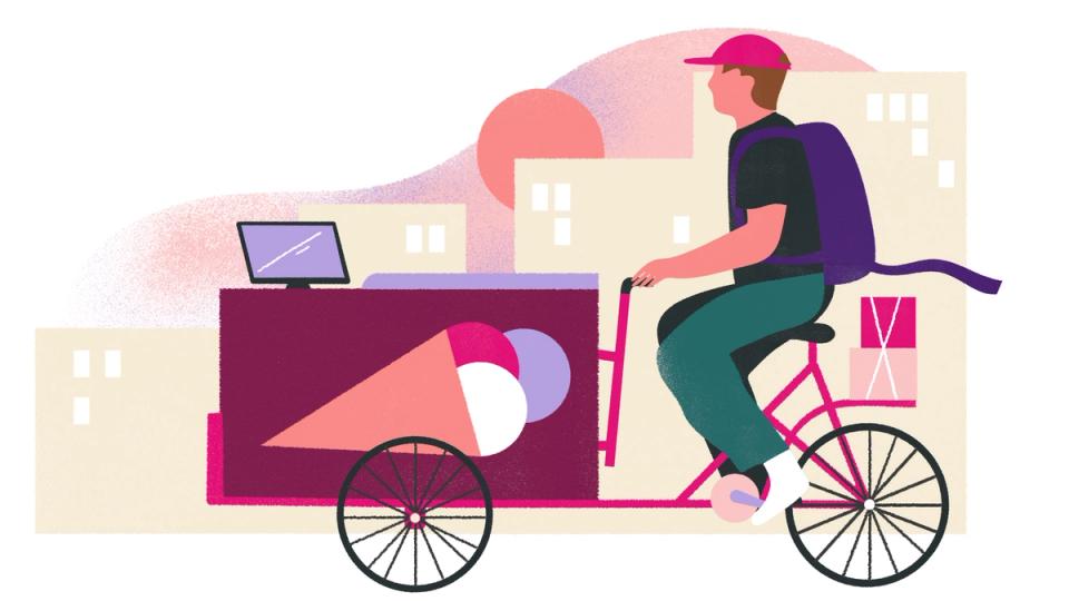 Illustration of person cycling with point of sale unit. 