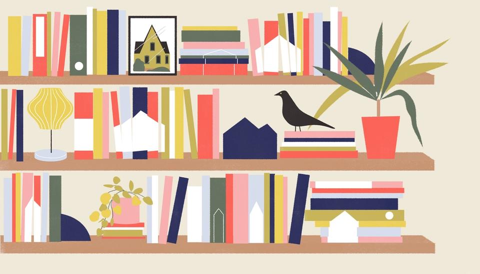 Illustration of bookshelves containing model houses, plant, lamp and Eames bird.