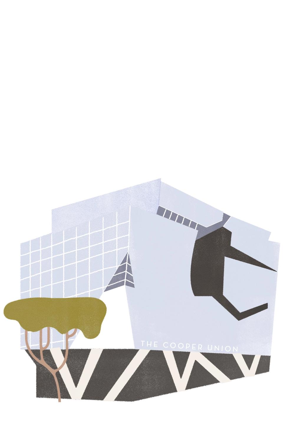 Illustration of the Cooper Union building in New York representing deconstructivism style of architecture
