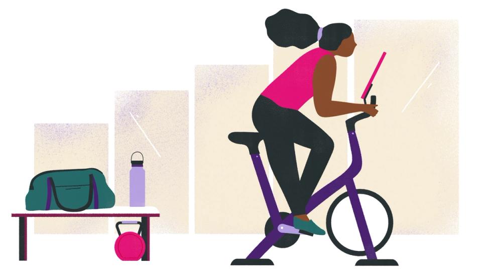 Illustration of person cycling at gym. 