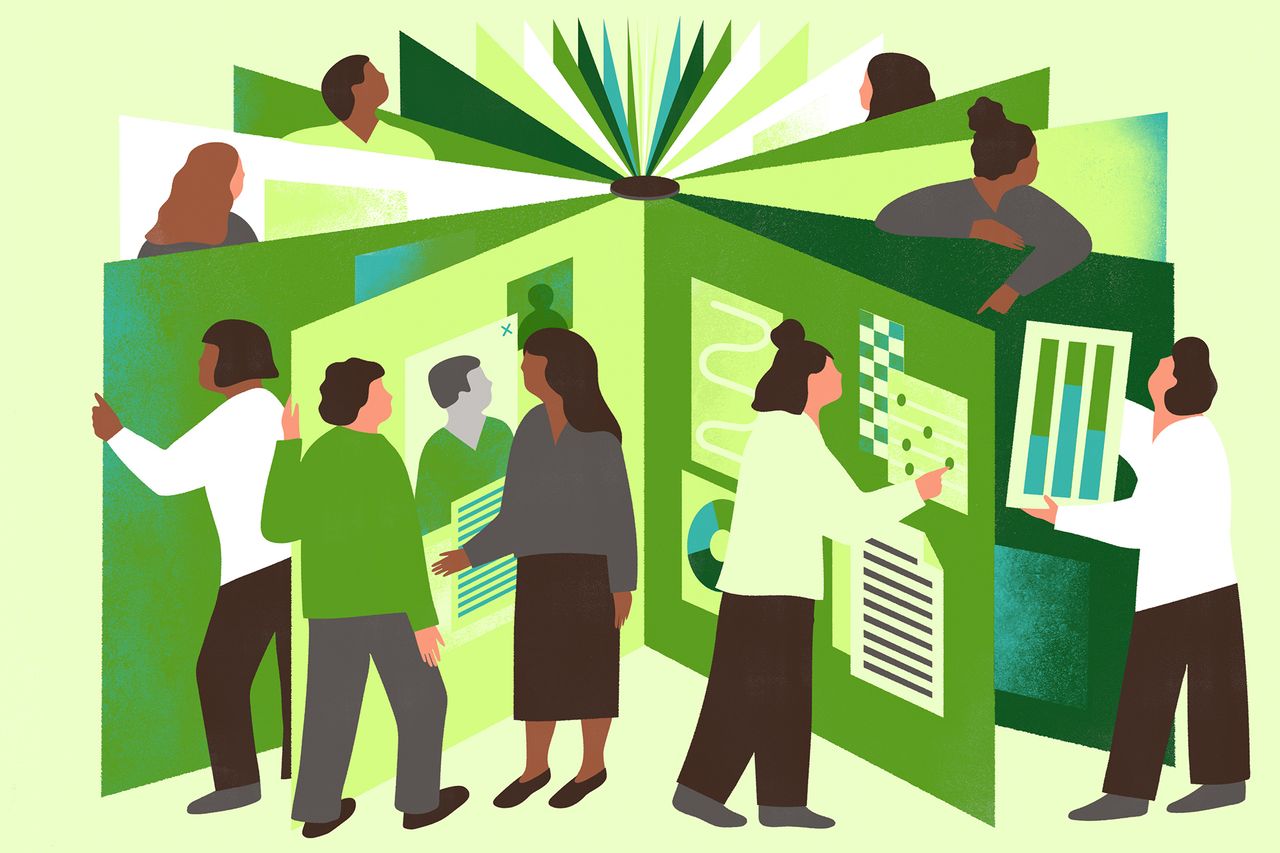 Illustration of workers around carousel of information.  