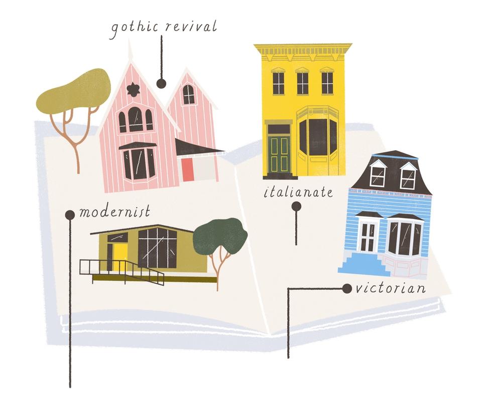 Illustration of open book pages showing houses representing Modernist, Victorian, Gothic Revival and Italianate architecture styles